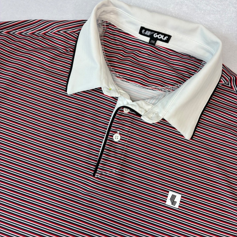 LIV Golf Polo‎ Shirt Mens 2XL Navy Red White Striped Stretch Performance